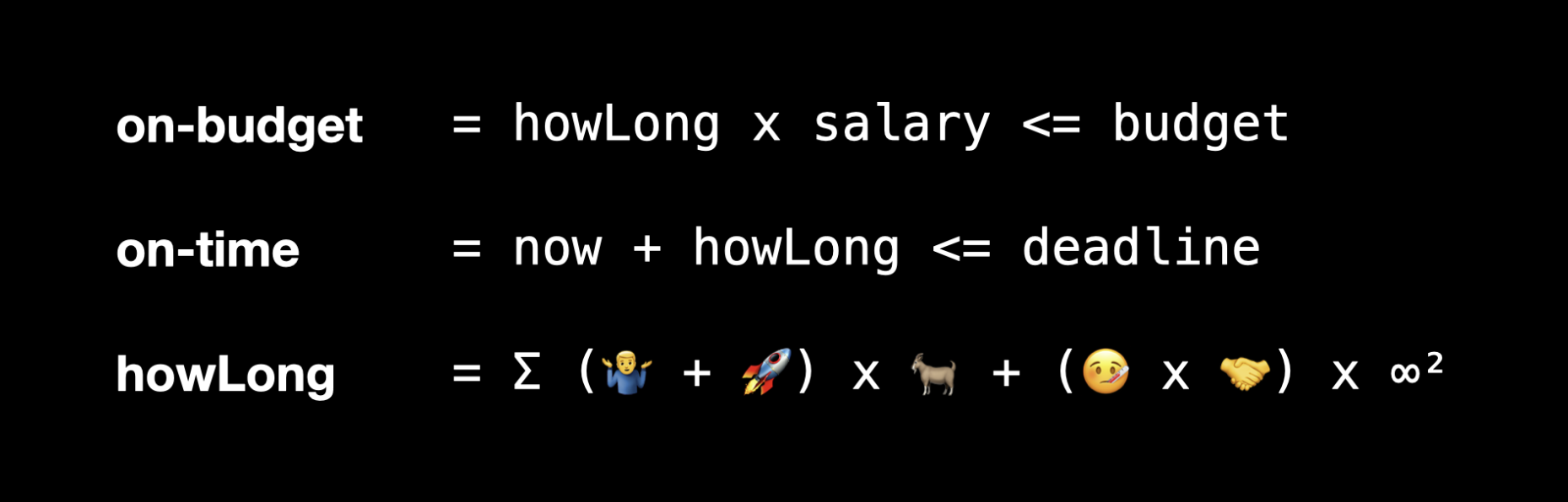 Mathematics describing on-time and on-budget calculations. They are largely in jest.